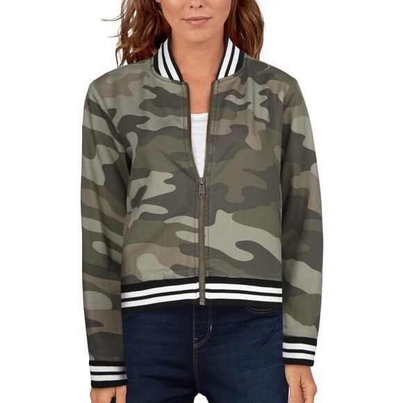 Natural Reflections Camo Chambray Like Ribbed Knit Trim Bomber Jacket Pockets S - Picture 1 of 10